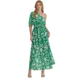 Entro Nina Green One-Shoulder Printed Midi Dress with Slit Sz M - NWT